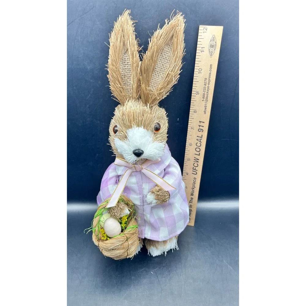 Easter Bunny‎ Figurine Sisal Straw Rabbit Lavender Gingham Dress Basket 12
